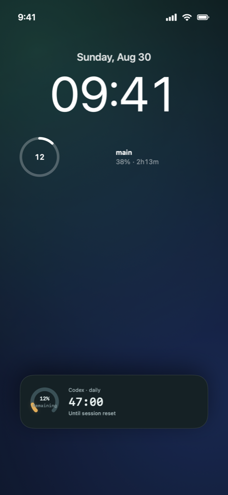 A TokenWise Live Activity showing a quota reset countdown on the Lock Screen