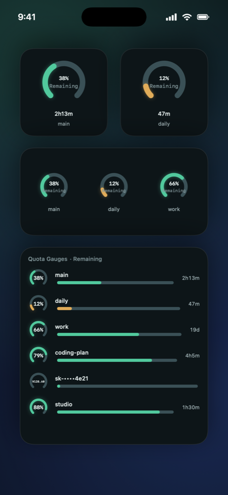 TokenWise quota widgets on an iPhone Home Screen