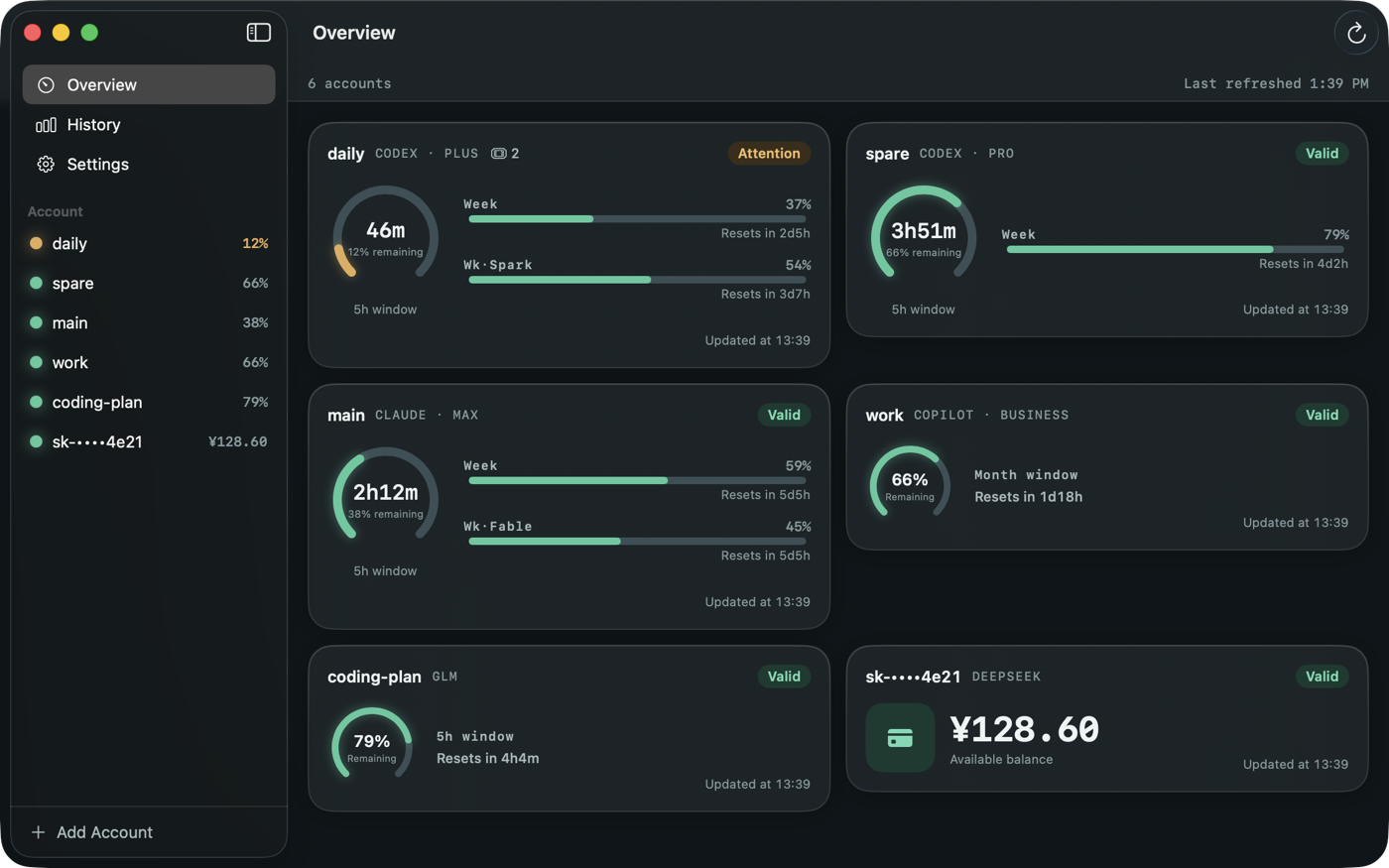 TokenWise on Mac, showing the account sidebar and quota dashboard