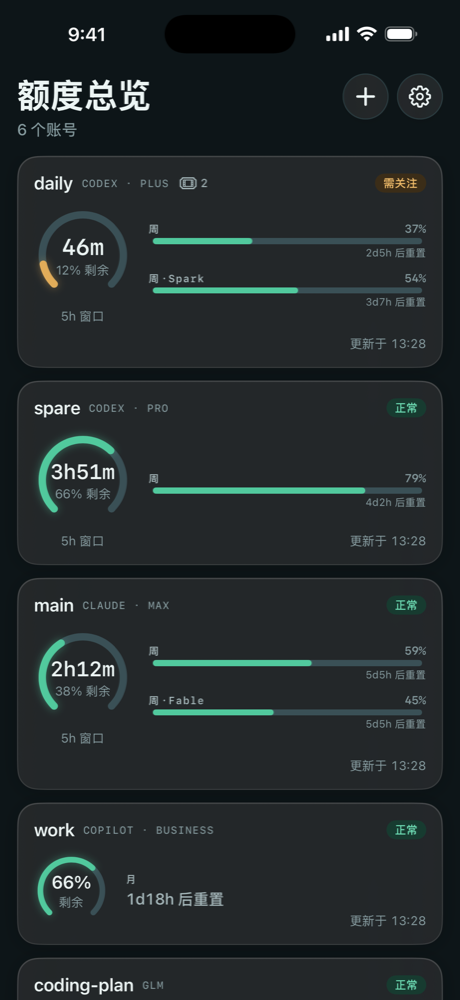 TokenWise iPhone 总览，显示多个账号的额度卡片与重置倒计时